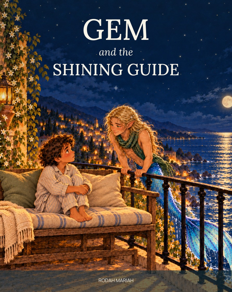 Gem and the Shining Guide illustrated book cover: a boy and a magical sea visitor beneath the stars